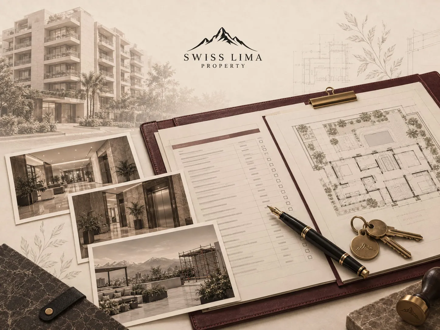 A residential building in Lima and photographs of its common parts, lobby, lifts and roof terrace, set beside an open file: a checklist with tick boxes, a floor plan of the condominium, a pen and a set of keys