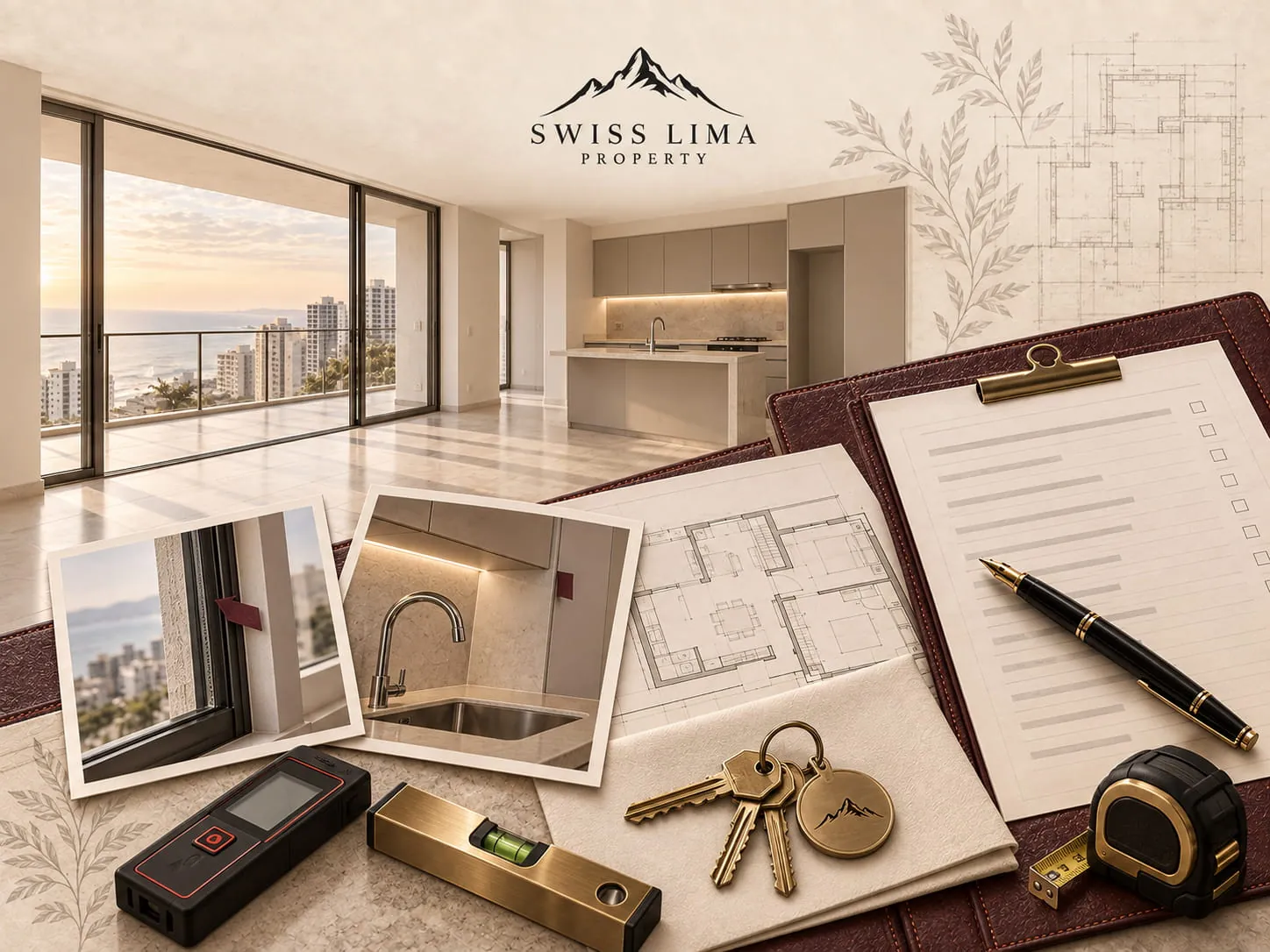 An empty new apartment in Lima, its glazed wall open onto the bay at sunset: inspection photographs of a window and a sink with defect markers, a laser measure, a spirit level, a tape measure, a floor plan, keys and a handover record on a clipboard