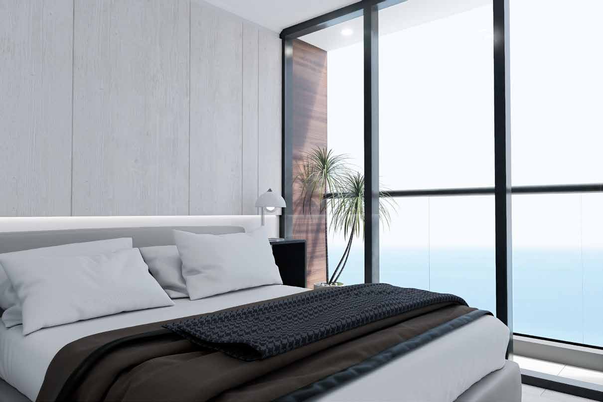 Render de un dormitorio con vista al mar, Residencial Sparta