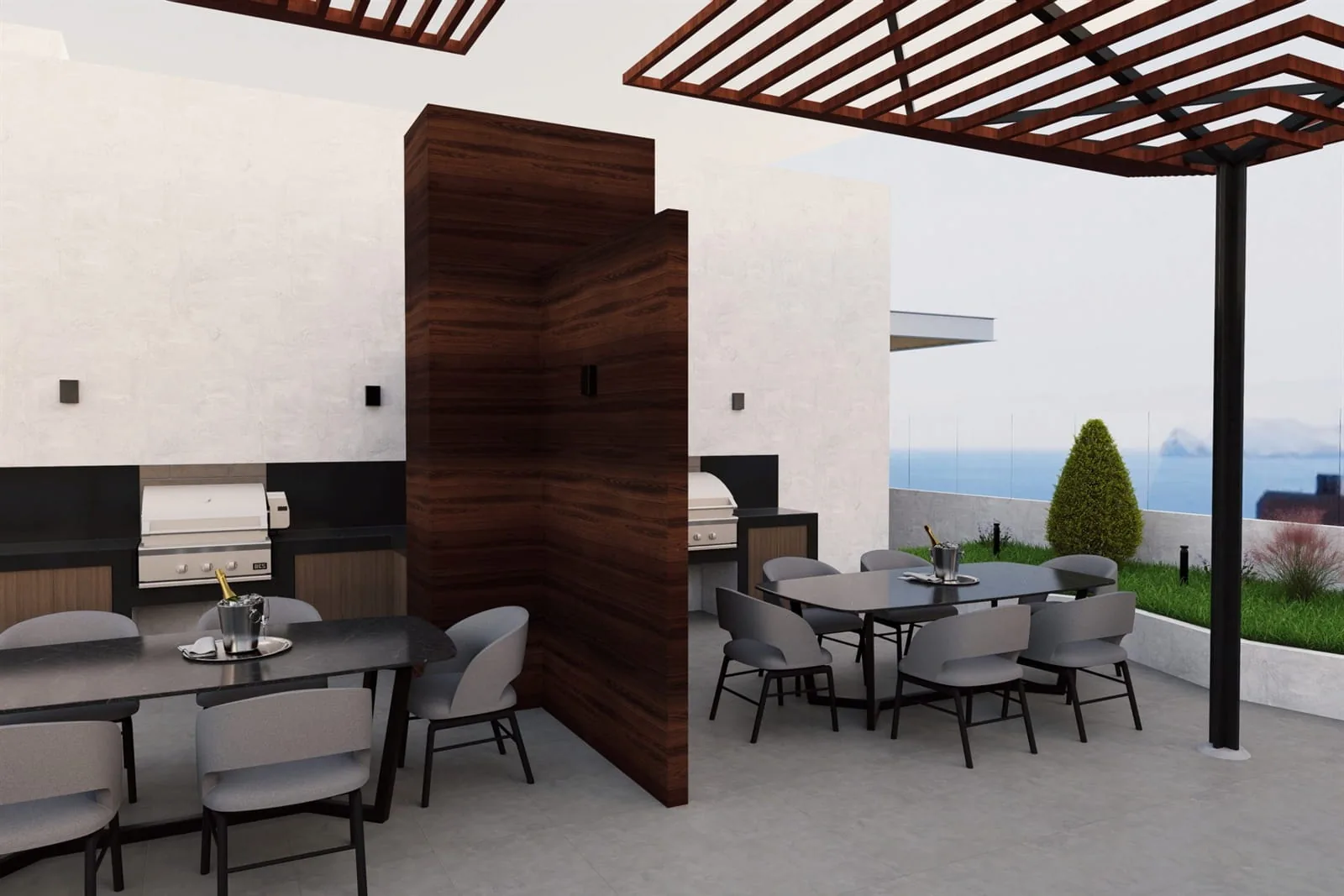Rendu de la zone parrillas (barbecue) avec vue mer, Residencial Sparta