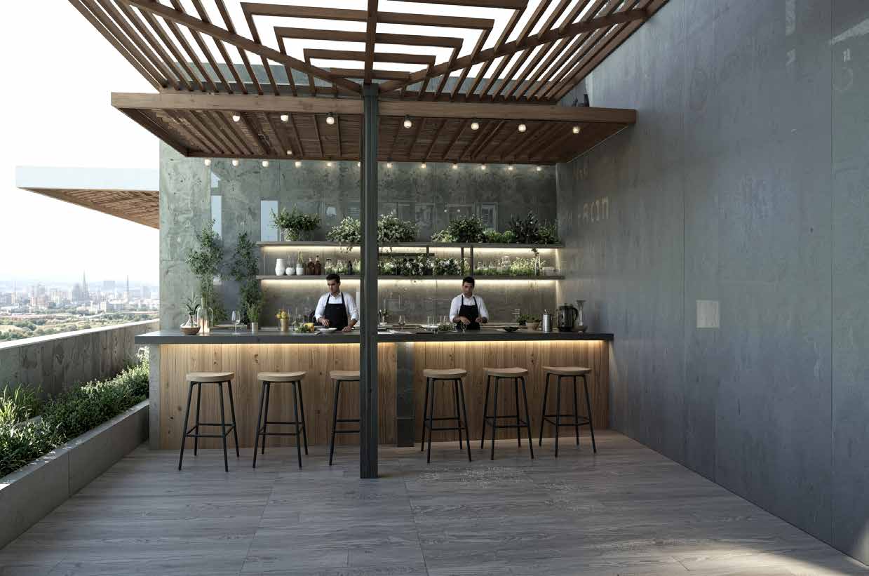 Render del bar rooftop con vista a Lima, Residencial Sparta