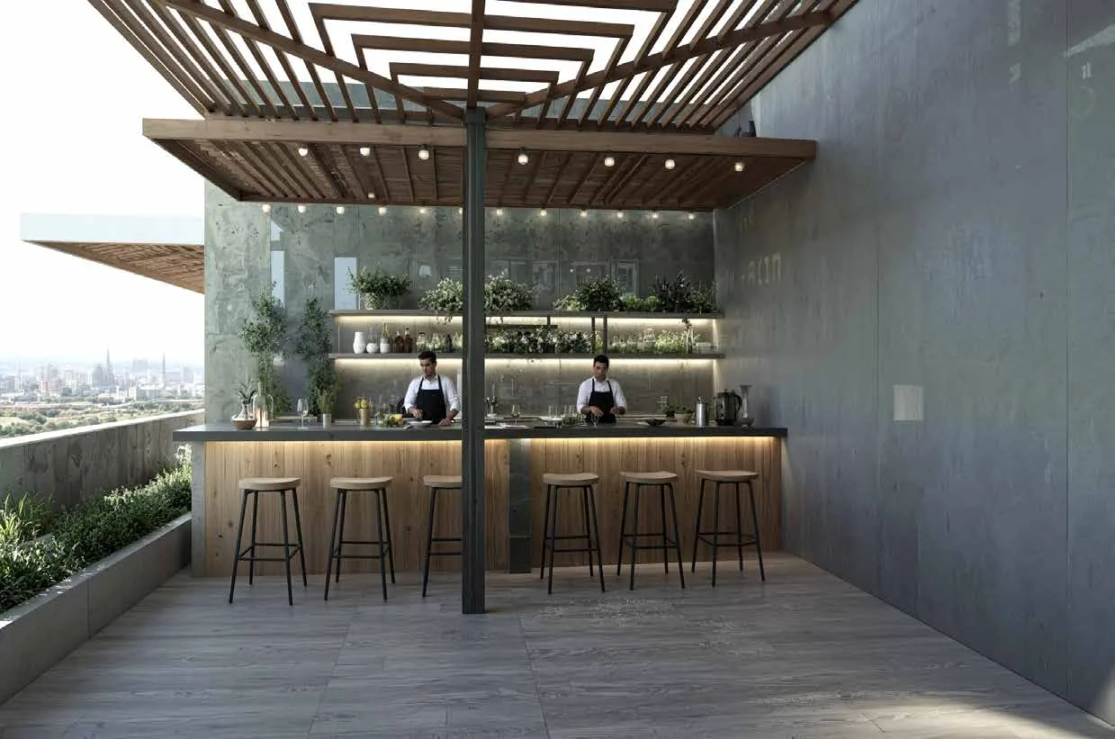 Rendu du bar rooftop avec vue sur Lima, Residencial Sparta