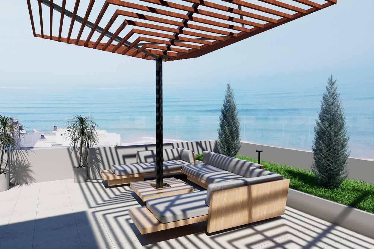 Render de la terraza lounge rooftop con vista al mar, Residencial Sparta