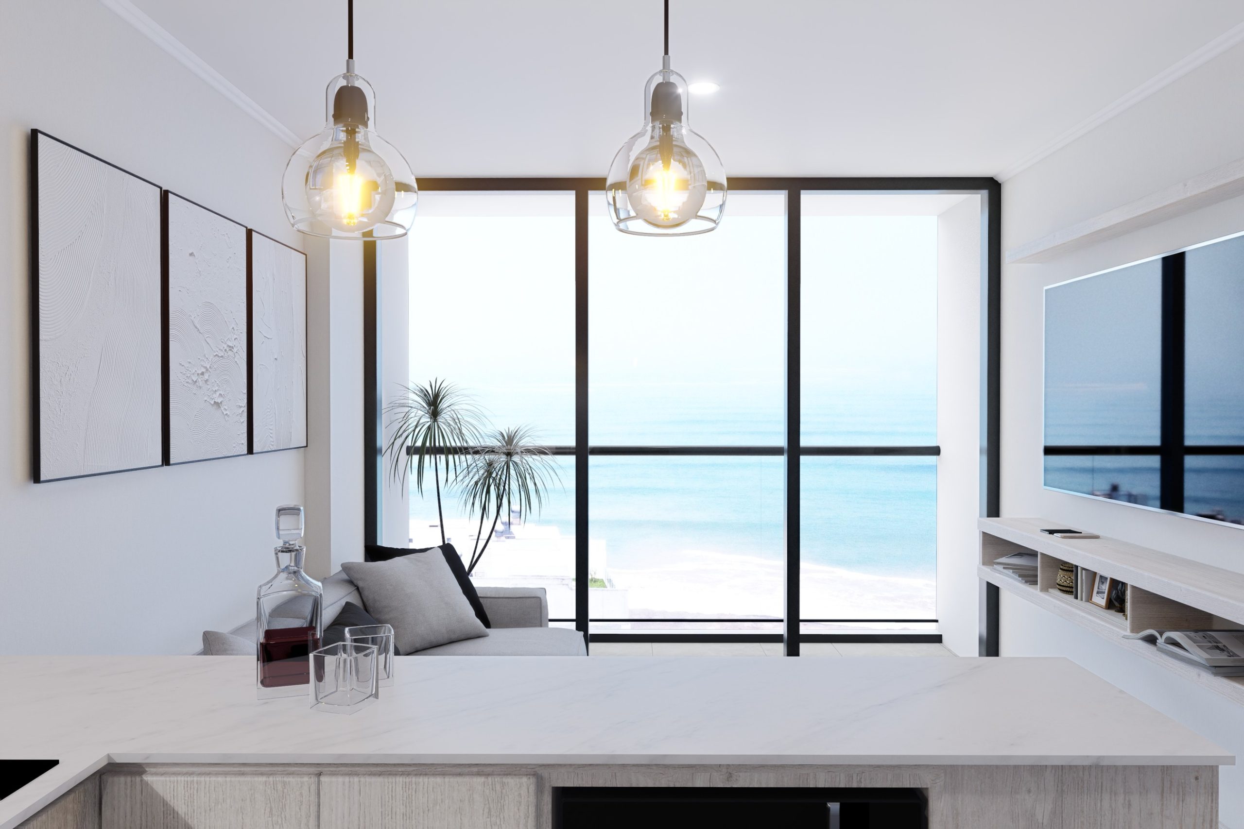 Rendu d'un salon avec vue sur la mer, Residencial Sparta