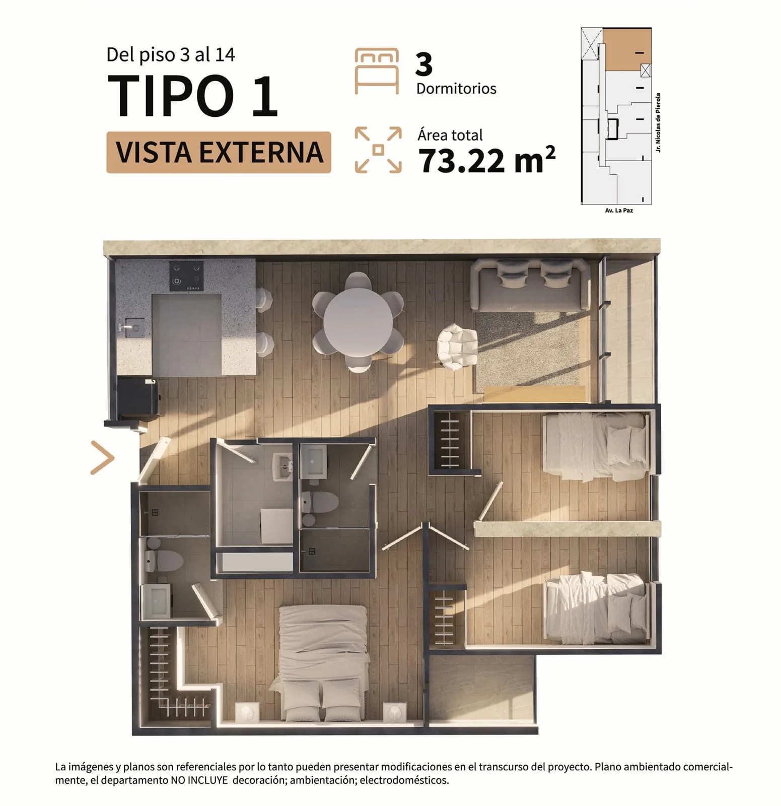 Plan Tipo 1, 3 chambres, 73 m², Residencial Sparta