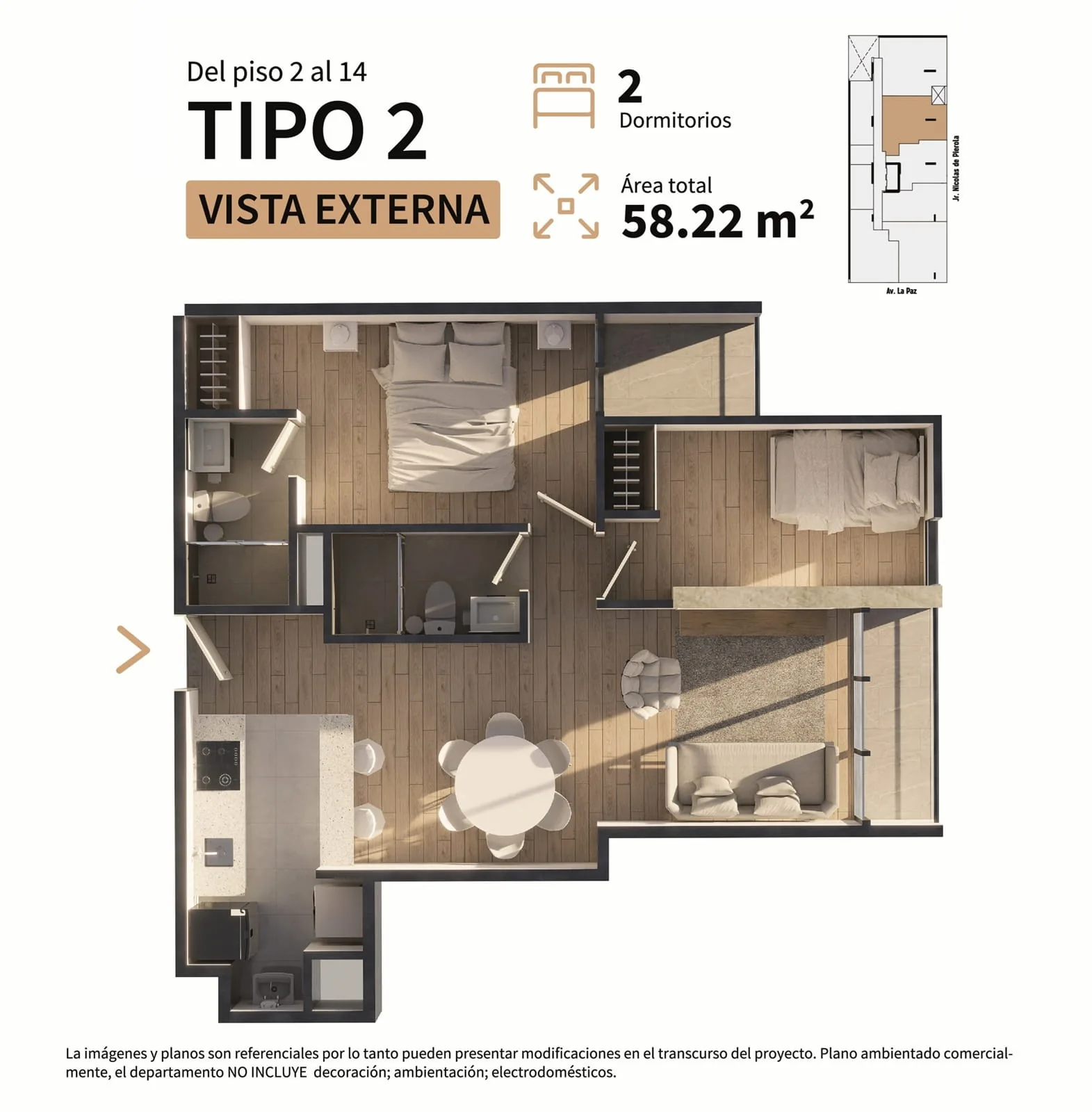 Plan Tipo 2, 2 chambres, 58 m², Residencial Sparta