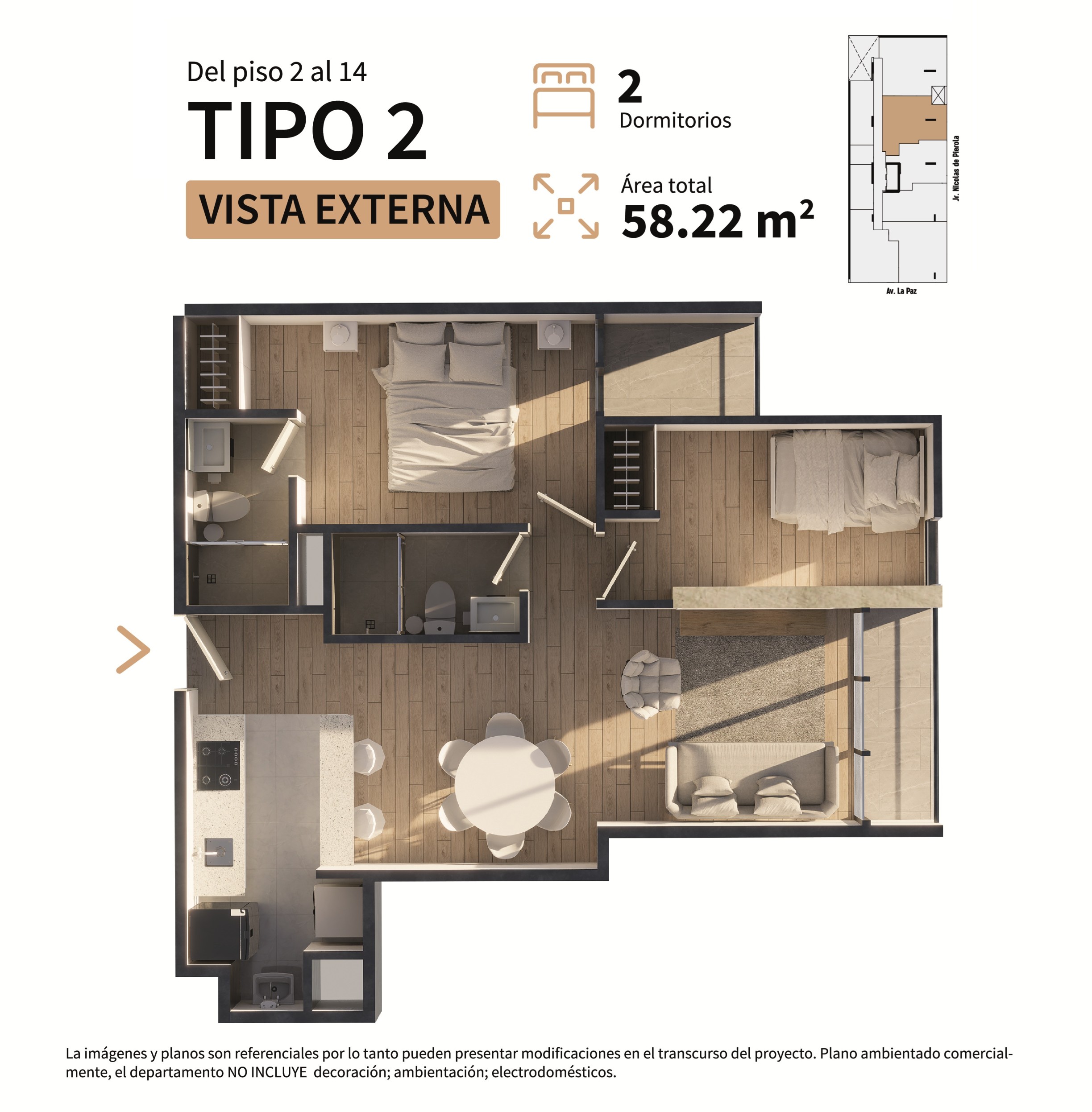 Plan Tipo 4, 2 chambres, Residencial Sparta