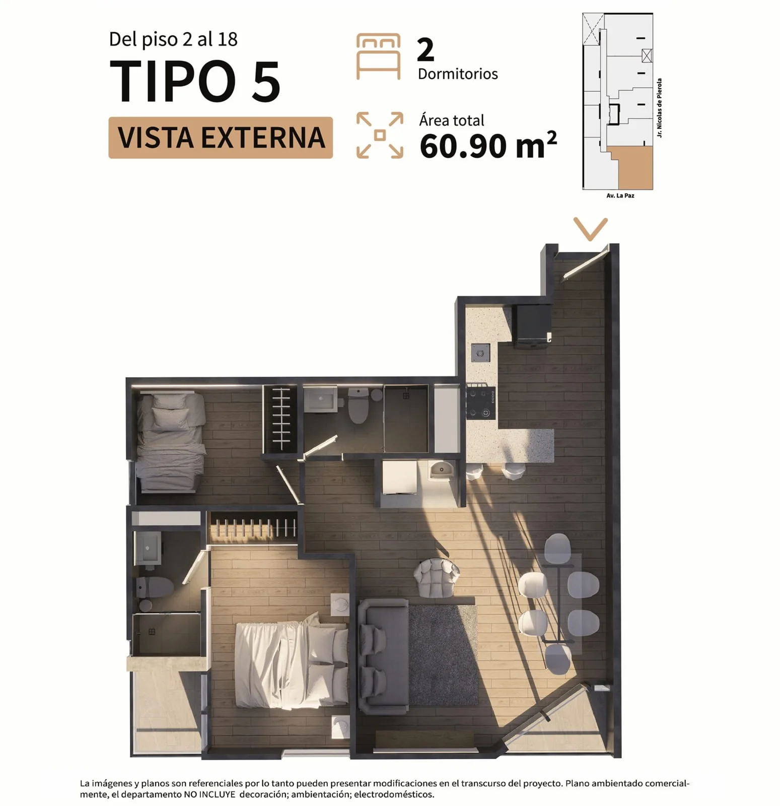 Plan Tipo 5, 2 chambres, 61 m², Residencial Sparta