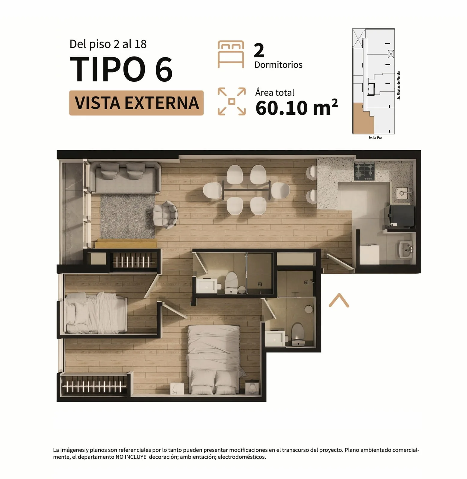 Plan Tipo 6, 2 chambres, 60 m², Residencial Sparta