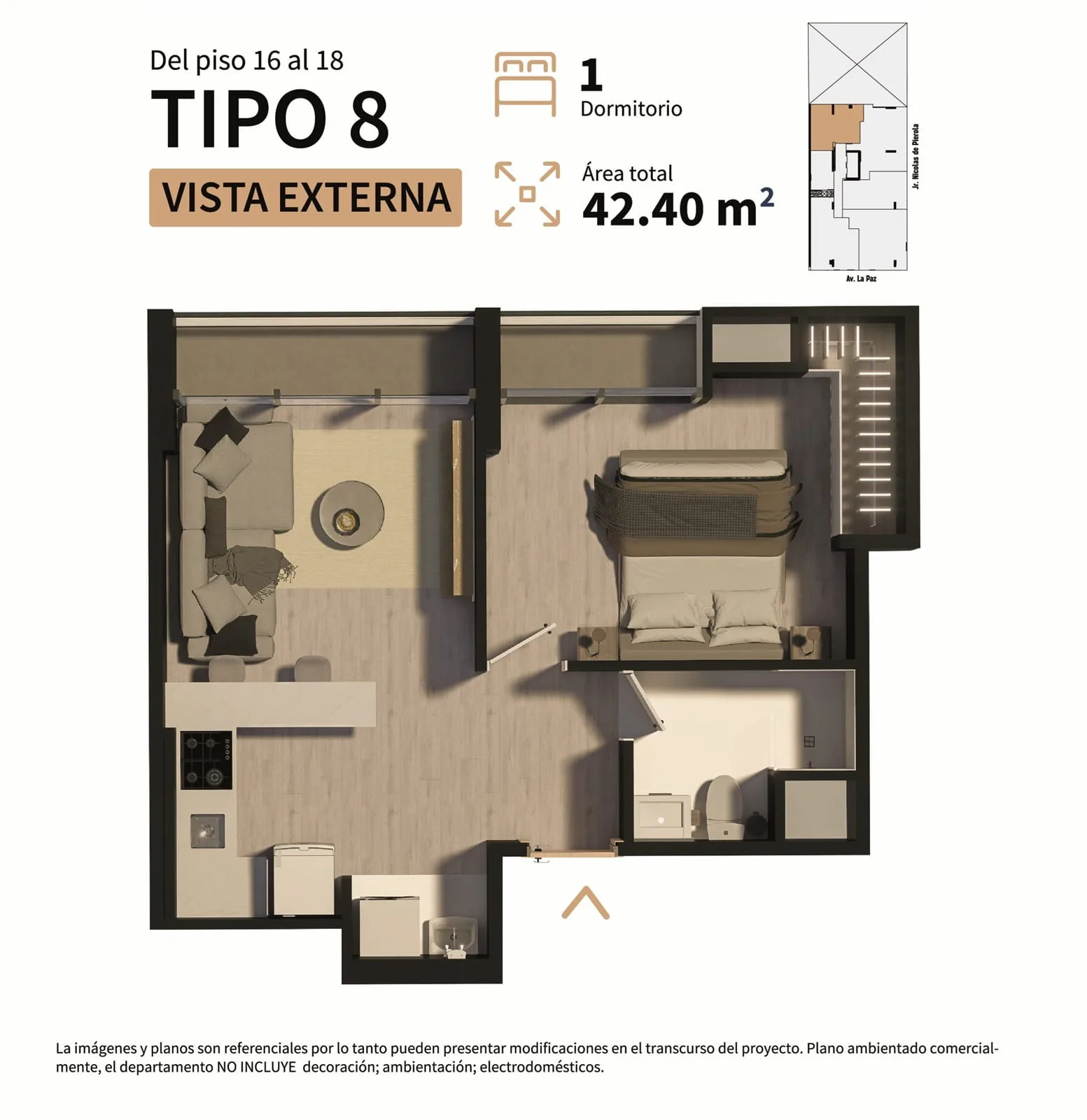 Plan Tipo 8, 1 chambre, 42 m², Residencial Sparta
