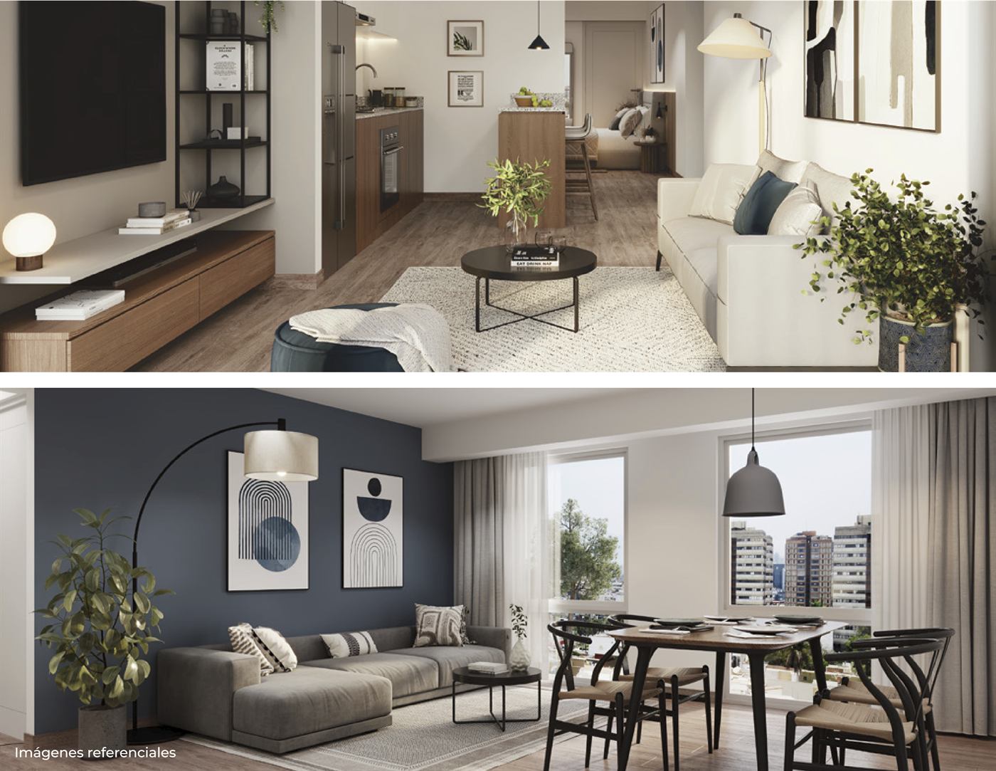 Rendering of furnished living spaces in a Tristán 21 apartment (lounge and dining area)
