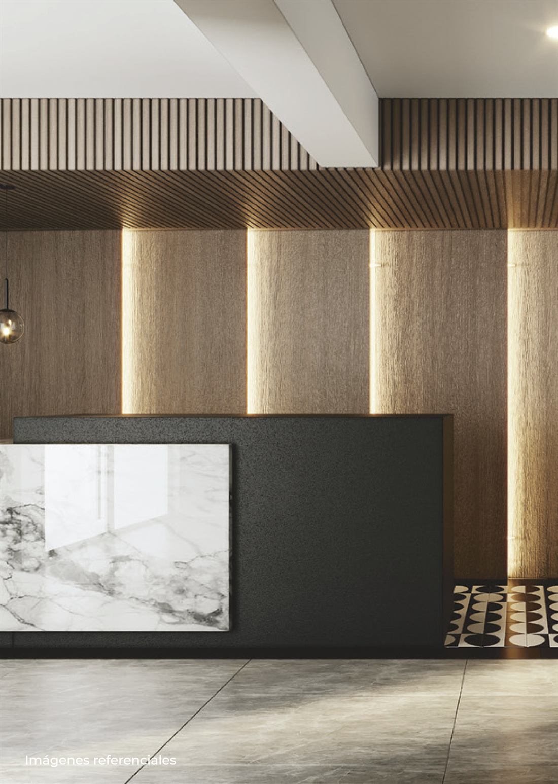 Rendering of the building's lobby and reception desk