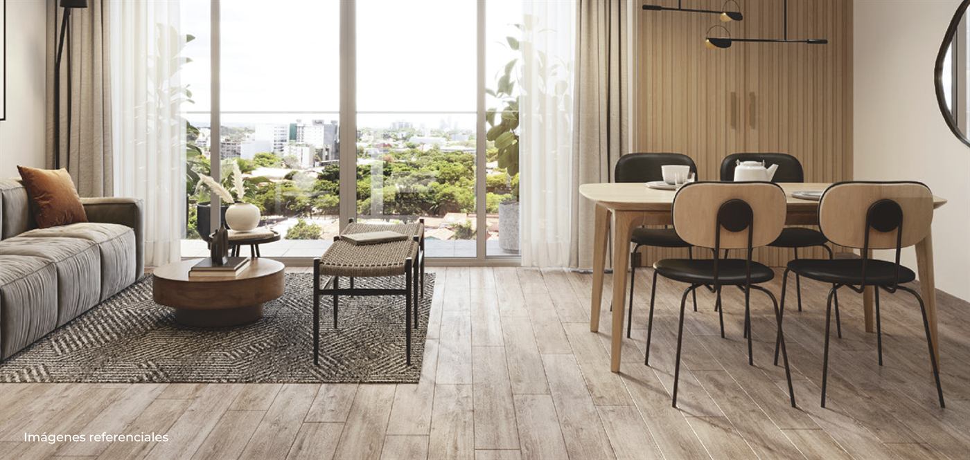 Rendering of a living/dining room (sala-comedor) with open views